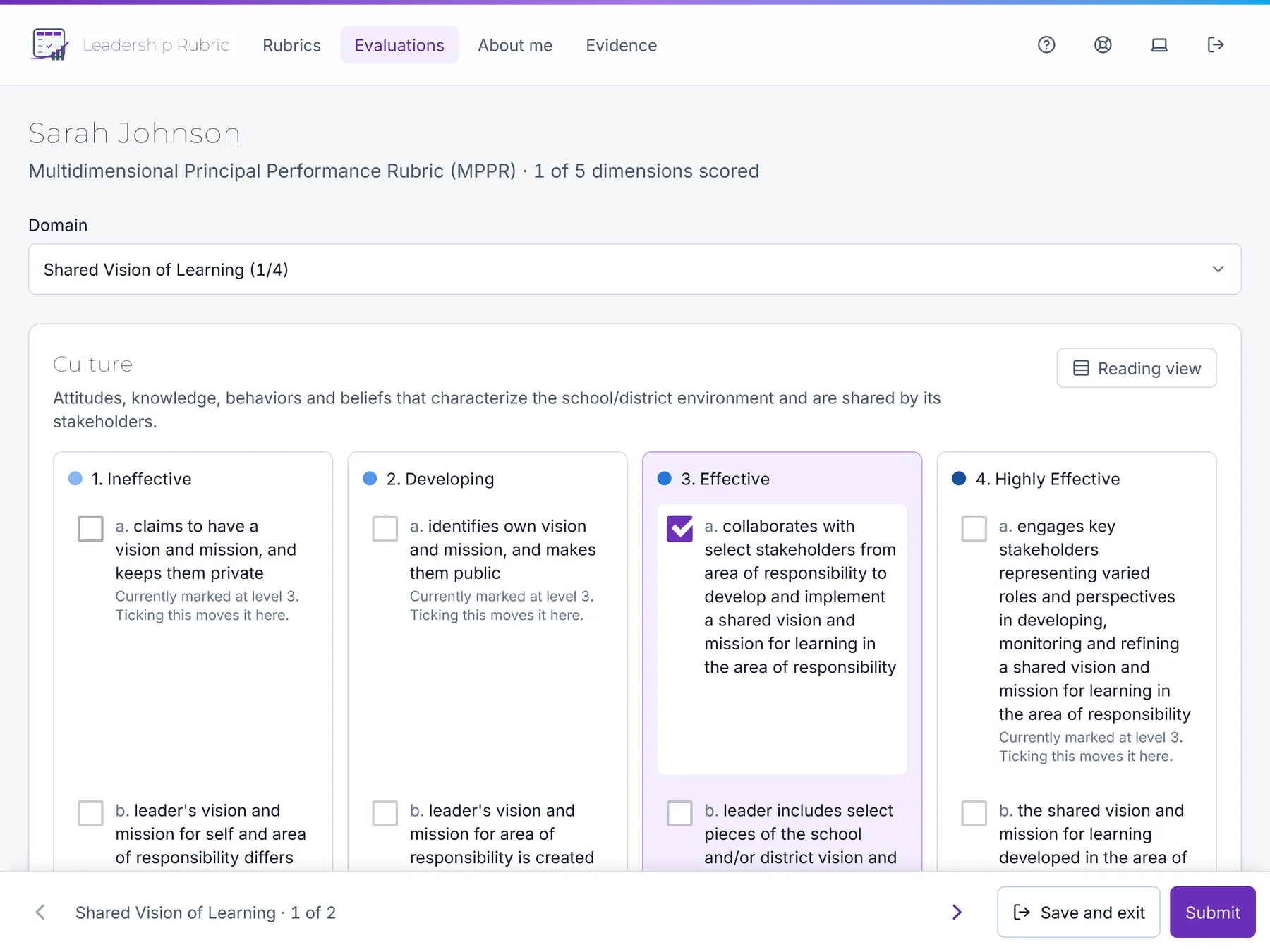 Scoring a principal evaluation on an iPad: the four MPPR performance levels side by side with descriptor checkboxes and a save and submit bar in thumb reach