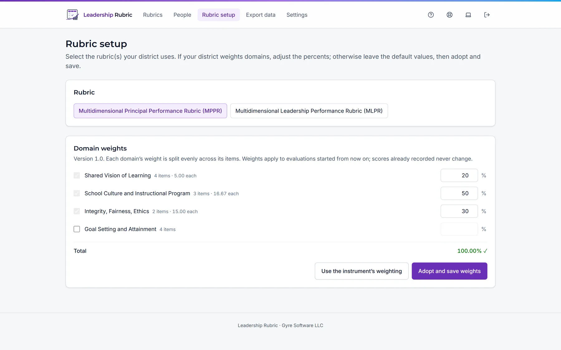 Rubric setup screen where an Evaluation Coordinator adopts a published rubric version and assigns each domain a share of 100 points