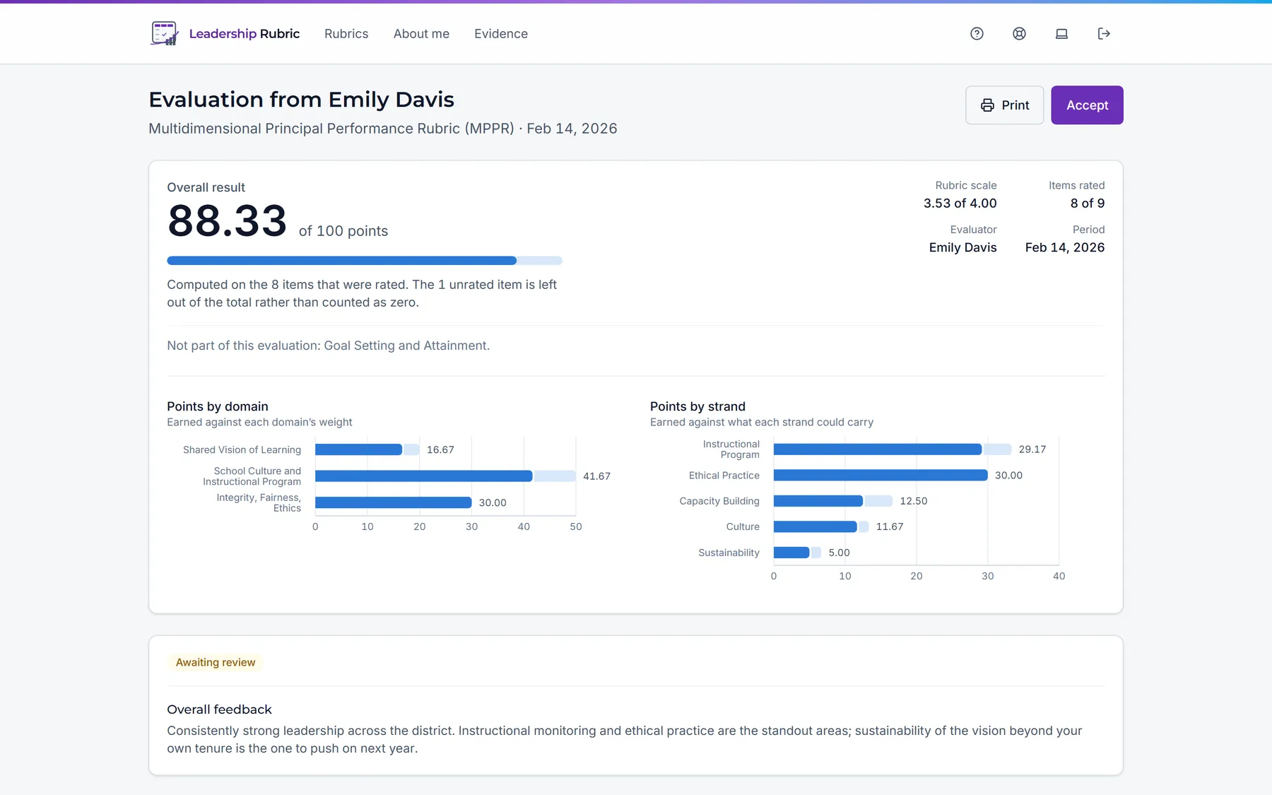 A principal reading their finished evaluation: overall result, performance band, a breakdown by rubric domain and evaluator comments beside each area